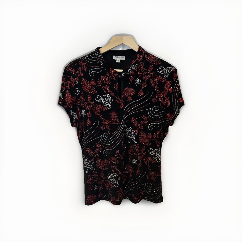Metaphor Top Women XL Black Red Glitter Chinoiserie Asian Print Keyhole Neck